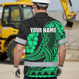 Hi Vis Hawaiian Shirt Reflective Tapes Mint Whale Polynesian Custom Name Safety Workwear For Workers, Truckers, Operators