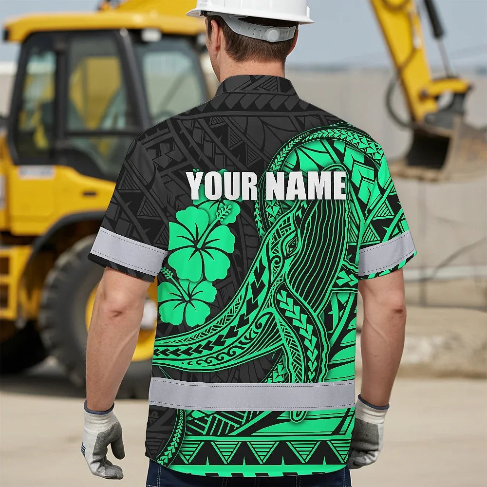 Hi Vis Hawaiian Shirt Reflective Tapes Mint Whale Polynesian Custom Name Safety Workwear For Workers, Truckers, Operators