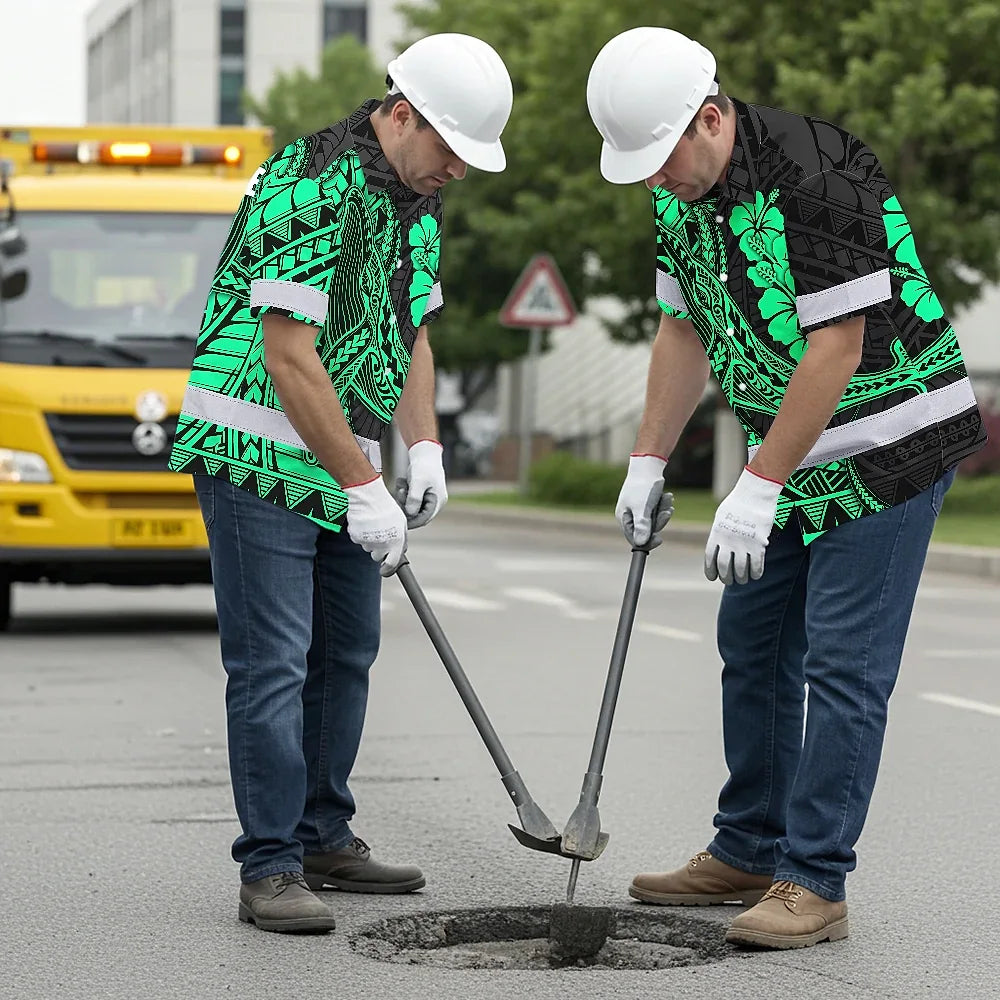 Hi Vis Hawaiian Shirt Reflective Tapes Mint Whale Polynesian Custom Name Safety Workwear For Workers, Truckers, Operators