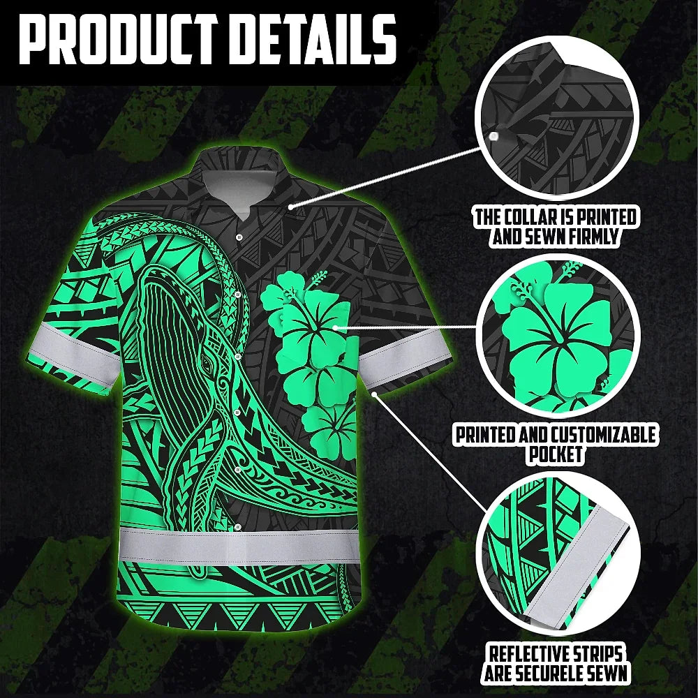 Hi Vis Hawaiian Shirt Reflective Tapes Mint Whale Polynesian Custom Name Safety Workwear For Workers, Truckers, Operators