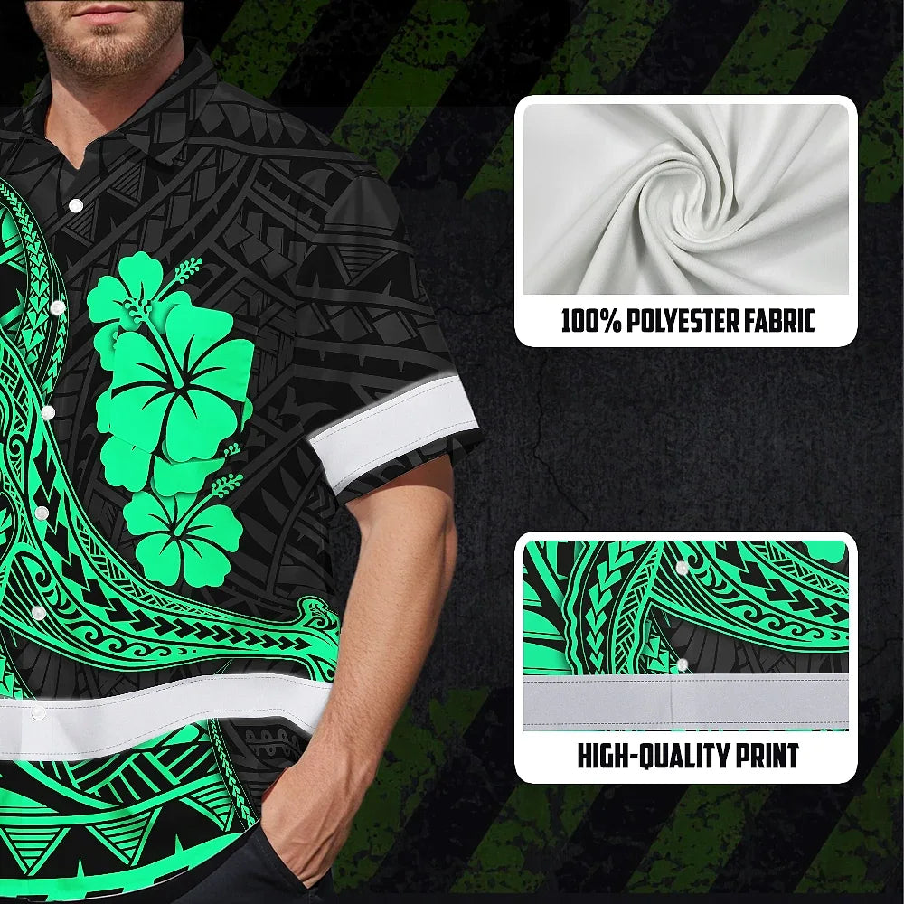 Hi Vis Hawaiian Shirt Reflective Tapes Mint Whale Polynesian Custom Name Safety Workwear For Workers, Truckers, Operators