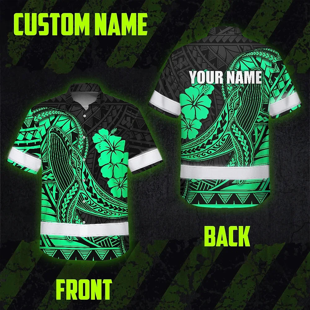 Hi Vis Hawaiian Shirt Reflective Tapes Mint Whale Polynesian Custom Name Safety Workwear For Workers, Truckers, Operators