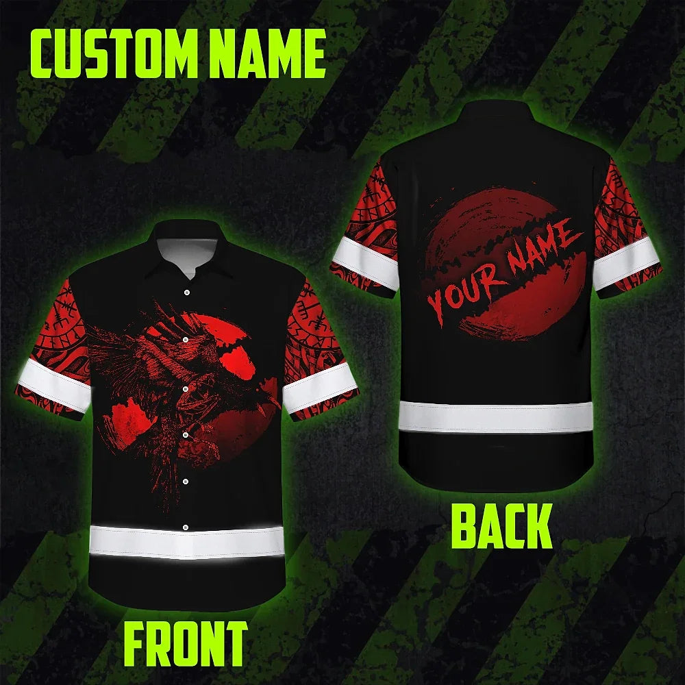Hi Vis Hawaiian Shirt Reflective Tapes Moon Raven Viking Symbol Tattoo Custom Name Safety Workwear For Workers, Truckers, Operators