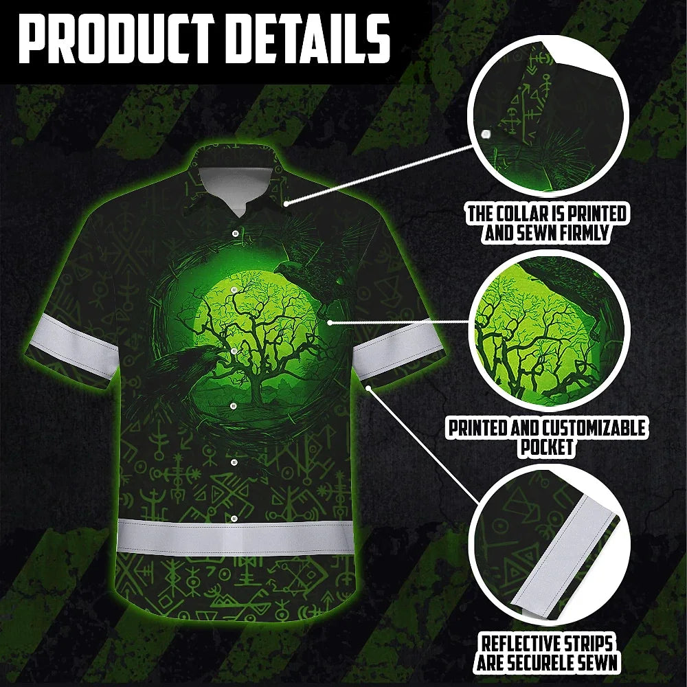 Hi Vis Hawaiian Shirt Reflective Tapes Moon Raven Viking Symbol Green Neon Custom Name Safety Workwear