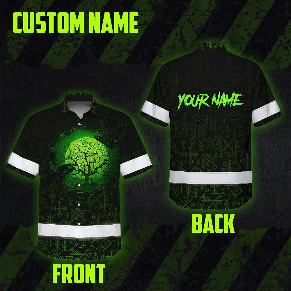 Hi Vis Hawaiian Shirt Reflective Tapes Moon Raven Viking Symbol Green Neon Custom Name Safety Workwear