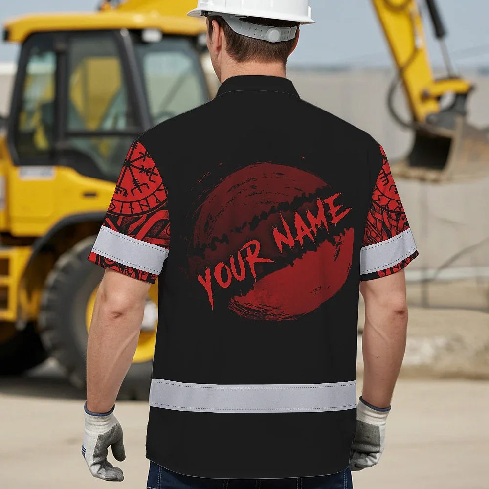 Hi Vis Hawaiian Shirt Reflective Tapes Moon Raven Viking Symbol Tattoo Custom Name Safety Workwear For Workers, Truckers, Operators