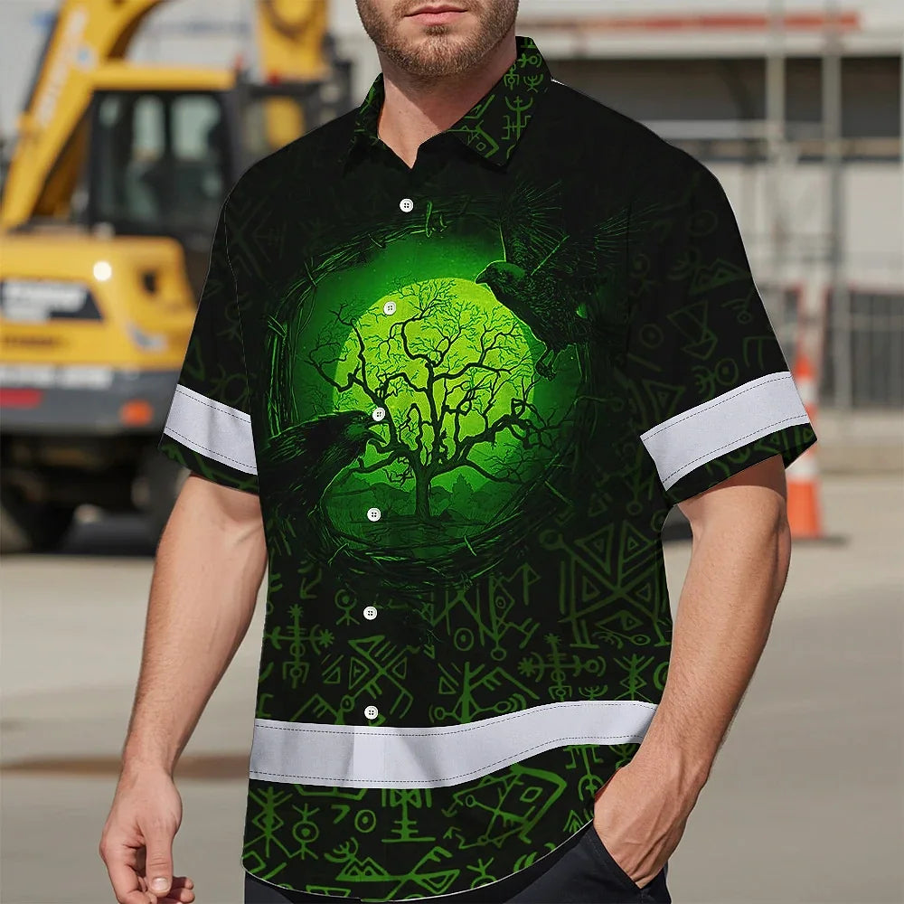 Hi Vis Hawaiian Shirt Reflective Tapes Moon Raven Viking Symbol Green Neon Custom Name Safety Workwear