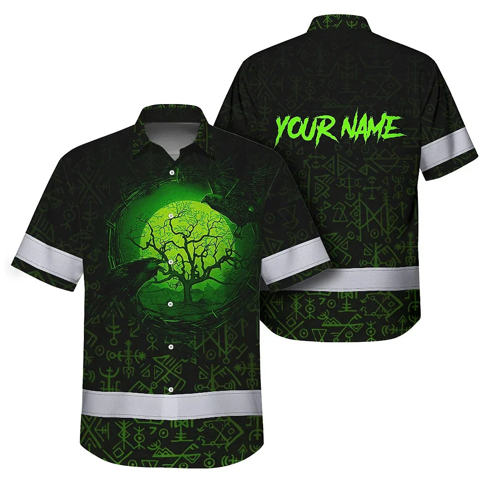Hi Vis Hawaiian Shirt Reflective Tapes Moon Raven Viking Symbol Green Neon Custom Name Safety Workwear