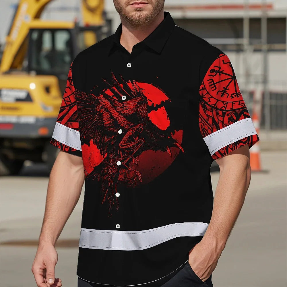 Hi Vis Hawaiian Shirt Reflective Tapes Moon Raven Viking Symbol Tattoo Custom Name Safety Workwear For Workers, Truckers, Operators