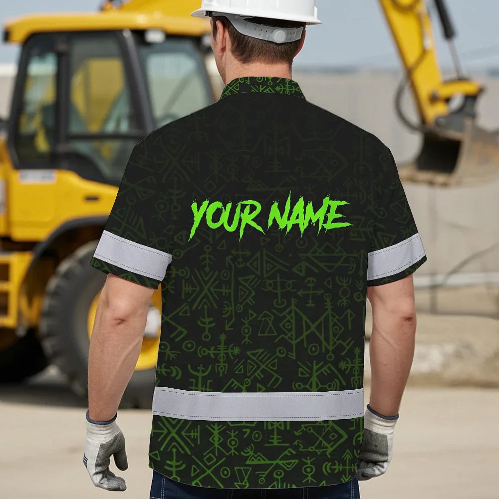 Hi Vis Hawaiian Shirt Reflective Tapes Moon Raven Viking Symbol Green Neon Custom Name Safety Workwear