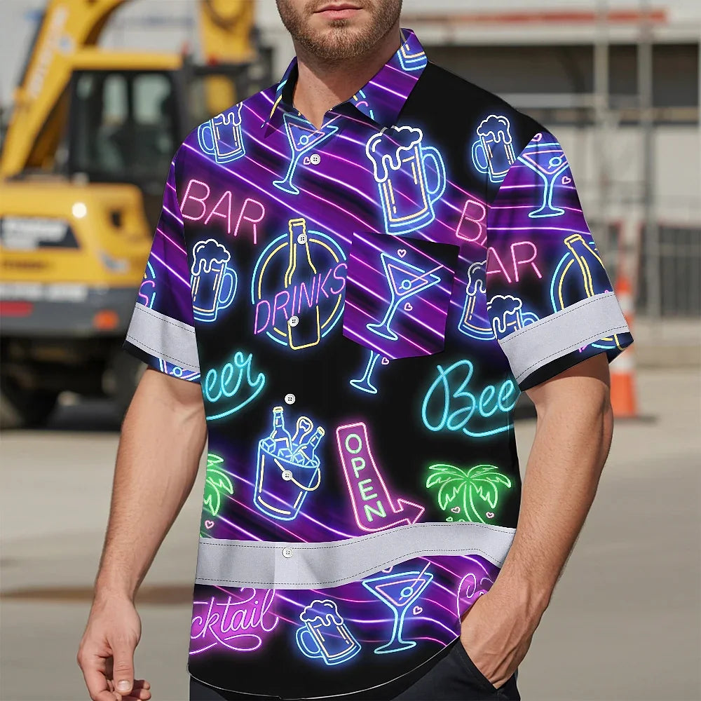 Hi Vis Hawaiian Shirt Reflective Tapes Neon Drink Tropical 2 Cocktail Beer Print Custom Name Safety Workwear For Workers, Truckers, Operators