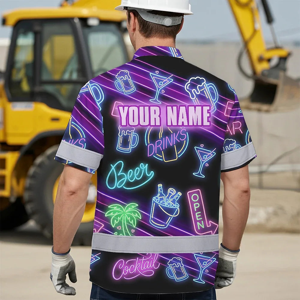 Hi Vis Hawaiian Shirt Reflective Tapes Neon Drink Tropical 2 Cocktail Beer Print Custom Name Safety Workwear For Workers, Truckers, Operators
