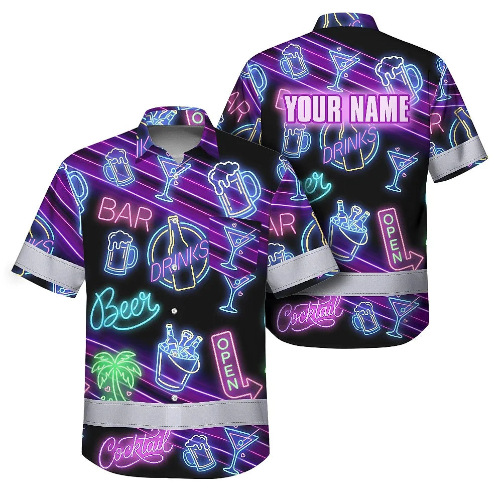 Hi Vis Hawaiian Shirt Reflective Tapes Neon Drink Tropical 2 Cocktail Beer Print Custom Name Safety Workwear For Workers, Truckers, Operators