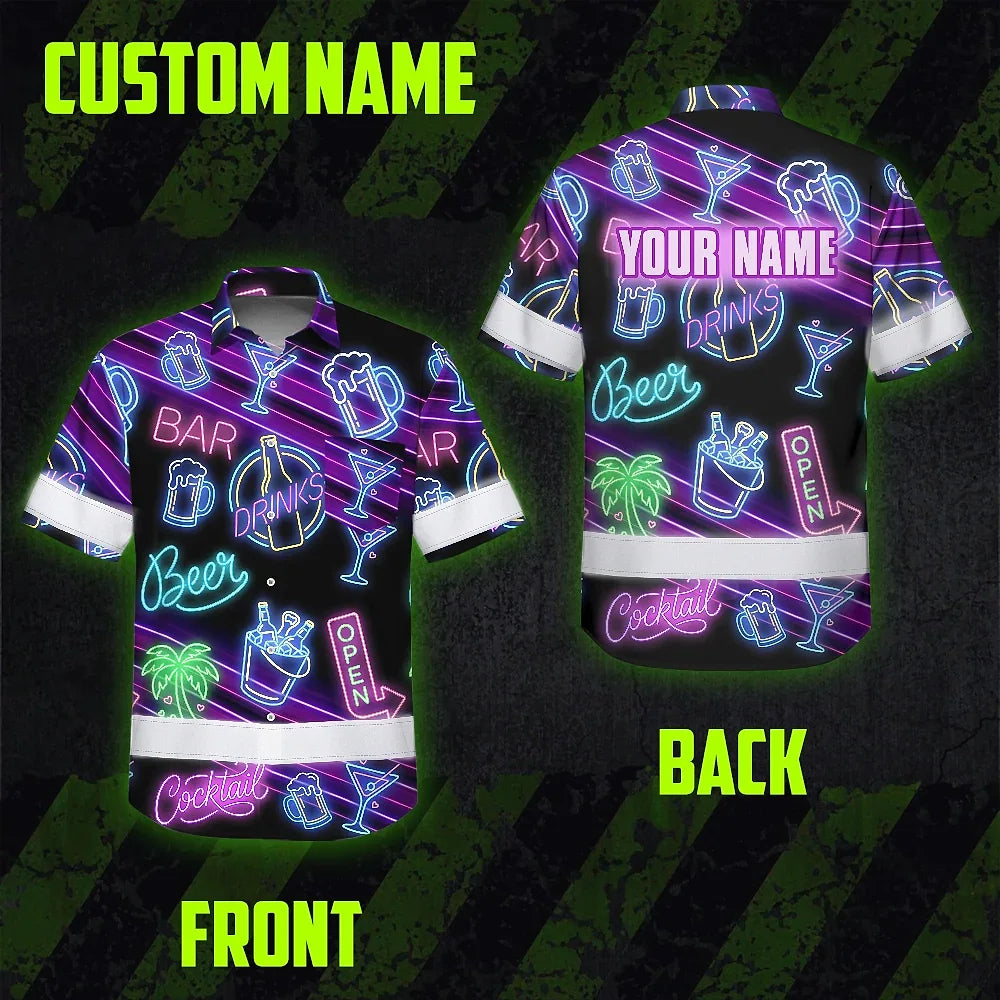 Hi Vis Hawaiian Shirt Reflective Tapes Neon Drink Tropical 2 Cocktail Beer Print Custom Name Safety Workwear For Workers, Truckers, Operators
