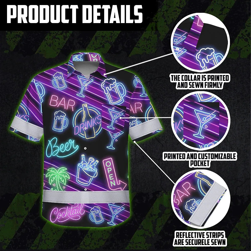 Hi Vis Hawaiian Shirt Reflective Tapes Neon Drink Tropical 2 Cocktail Beer Print Custom Name Safety Workwear For Workers, Truckers, Operators