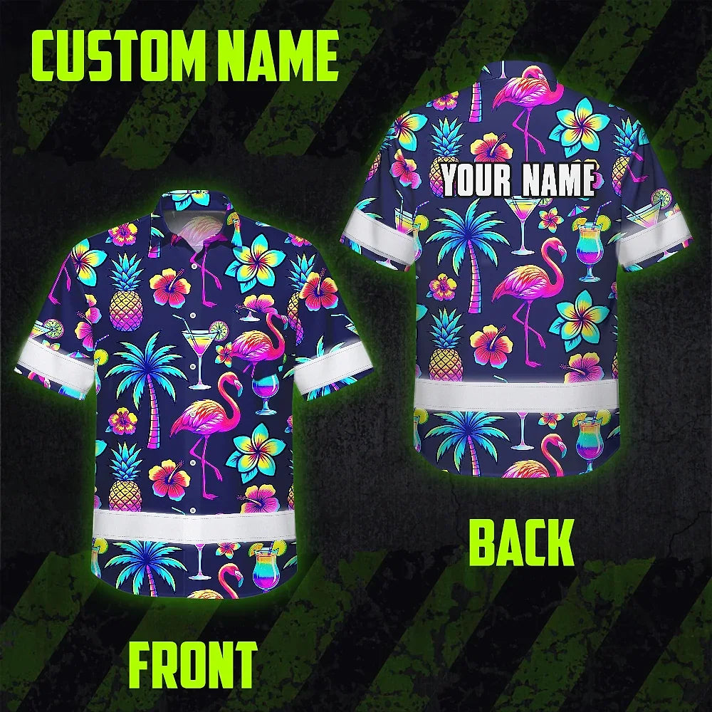 Hi Vis Hawaiian Shirt Reflective Tapes Neon Drink Tropical Cocktail Beer Print Custom Name Safety Workwear For Workers, Truckers, Operators