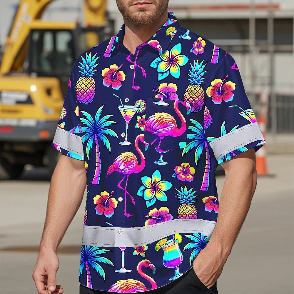 Hi Vis Hawaiian Shirt Reflective Tapes Neon Drink Tropical Cocktail Beer Print Custom Name Safety Workwear For Workers, Truckers, Operators