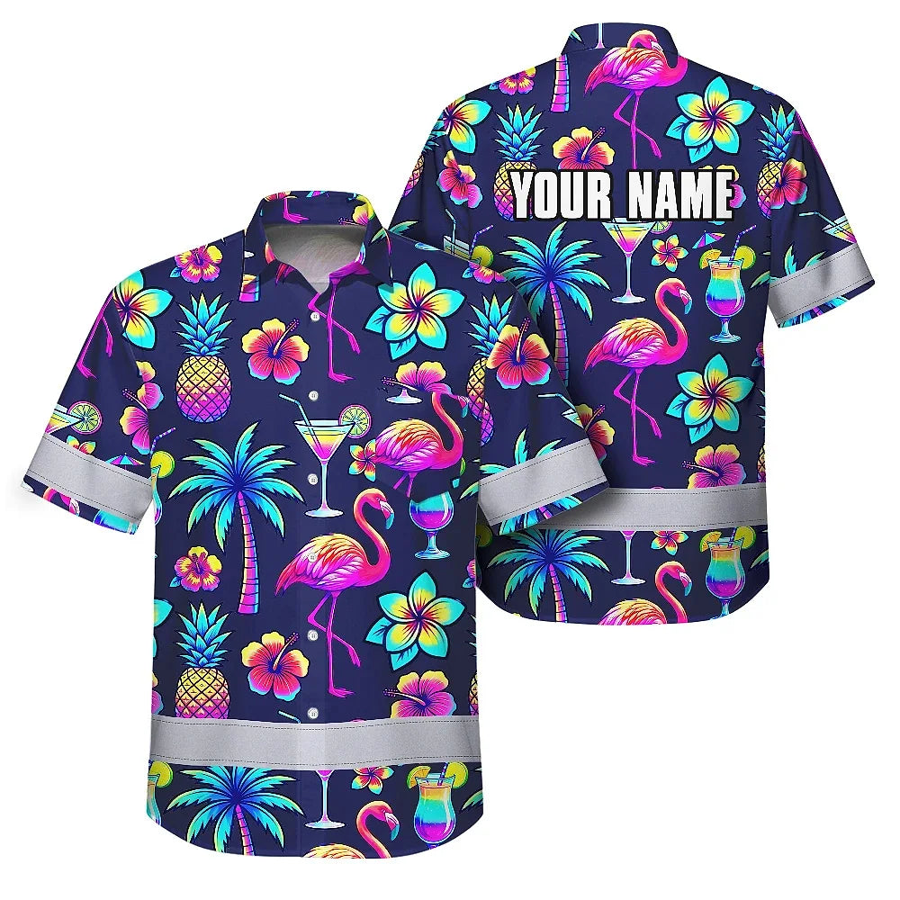 Hi Vis Hawaiian Shirt Reflective Tapes Neon Drink Tropical Cocktail Beer Print Custom Name Safety Workwear For Workers, Truckers, Operators
