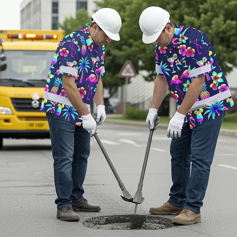Hi Vis Hawaiian Shirt Reflective Tapes Neon Drink Tropical Cocktail Beer Print Custom Name Safety Workwear For Workers, Truckers, Operators