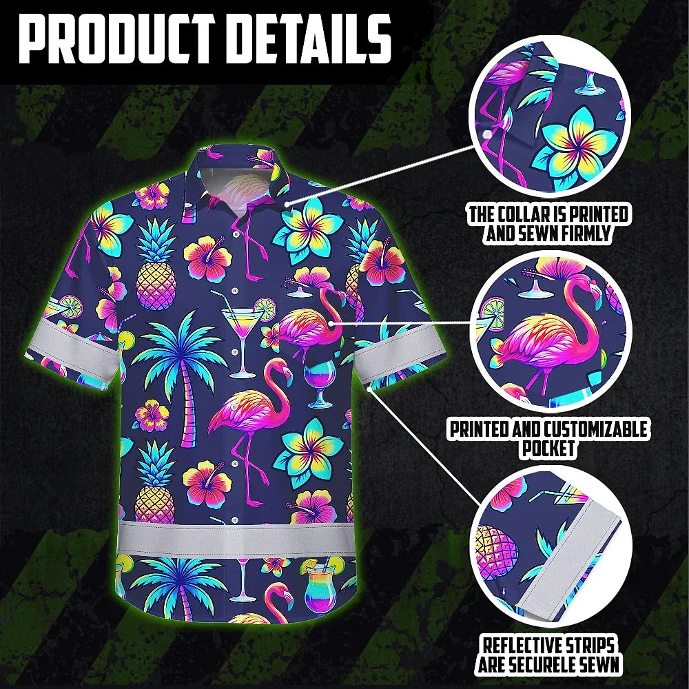 Hi Vis Hawaiian Shirt Reflective Tapes Neon Drink Tropical Cocktail Beer Print Custom Name Safety Workwear For Workers, Truckers, Operators