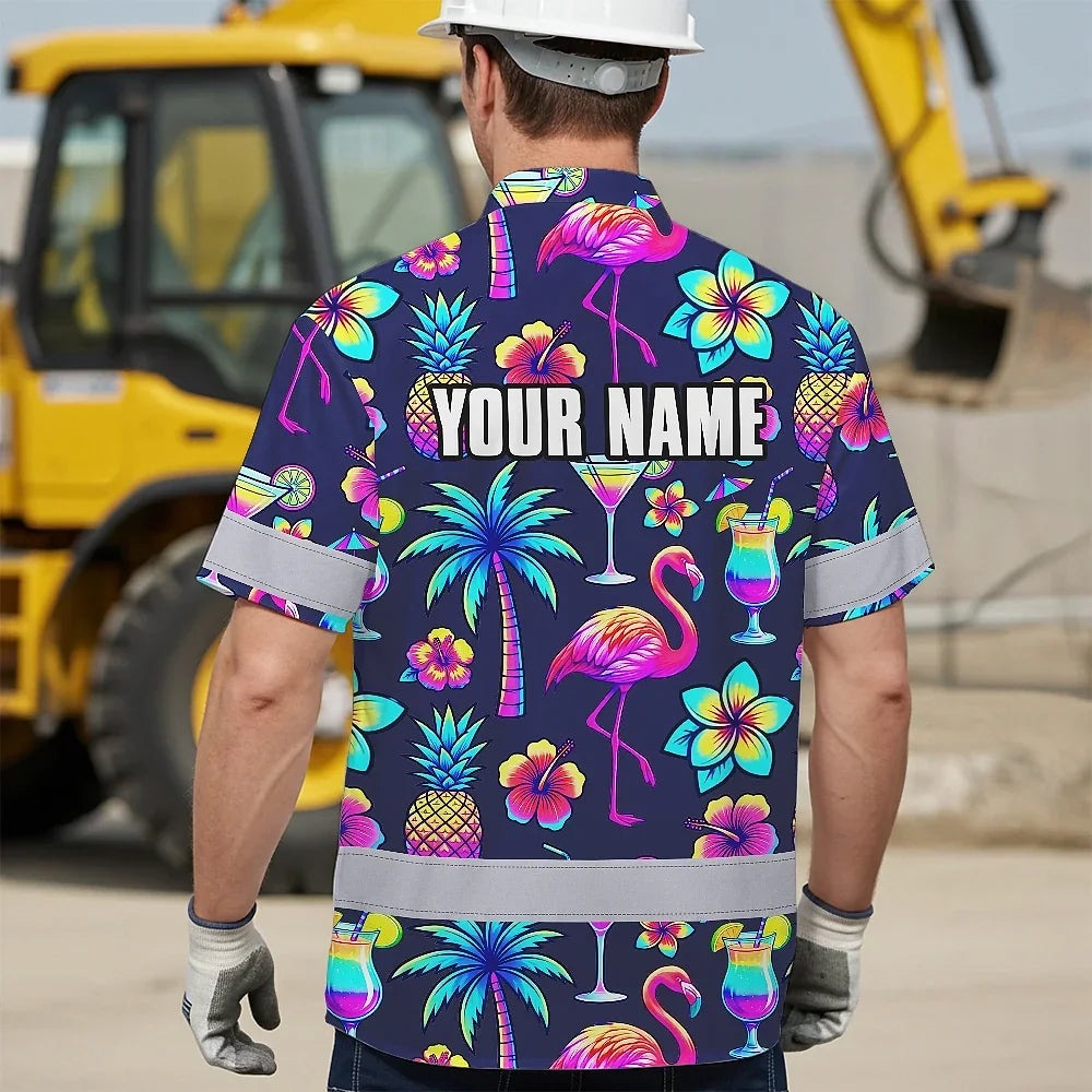Hi Vis Hawaiian Shirt Reflective Tapes Neon Drink Tropical Cocktail Beer Print Custom Name Safety Workwear For Workers, Truckers, Operators