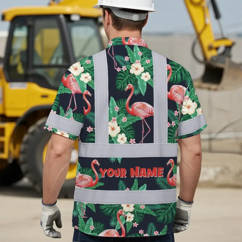 Hi Vis Hawaiian Shirt Reflective Tapes Neon Pink Flowers 2 Custom Name