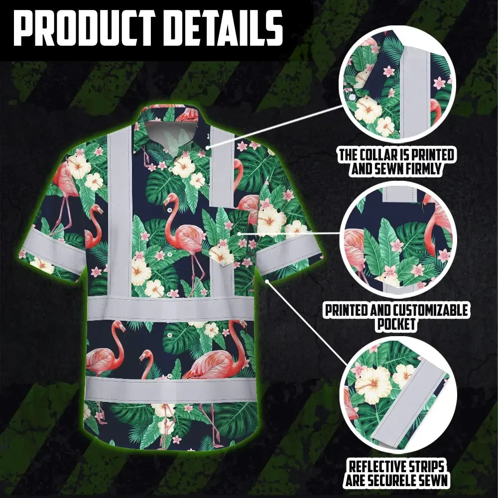 Hi Vis Hawaiian Shirt Reflective Tapes Neon Pink Flowers 2 Custom Name