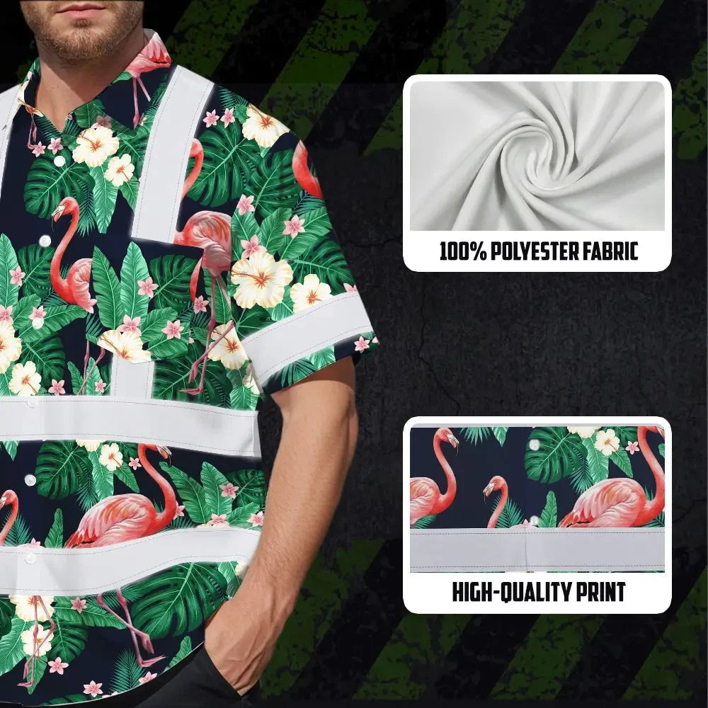 Hi Vis Hawaiian Shirt Reflective Tapes Neon Pink Flowers 2 Custom Name