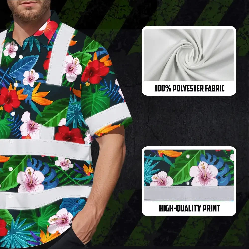 Hi Vis Hawaiian Shirt Reflective Tapes Neon Pink Flowers Custom Name