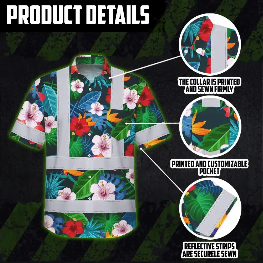 Hi Vis Hawaiian Shirt Reflective Tapes Neon Pink Flowers Custom Name