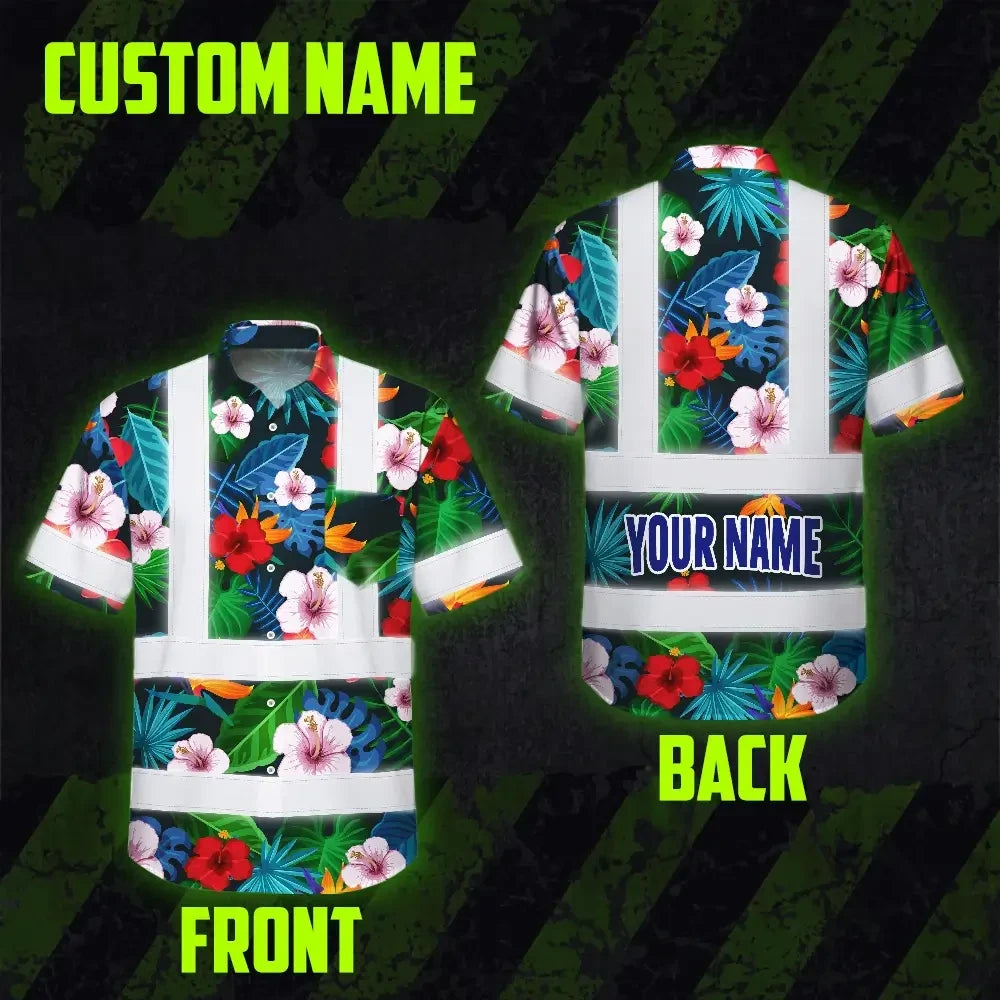 Hi Vis Hawaiian Shirt Reflective Tapes Neon Pink Flowers Custom Name
