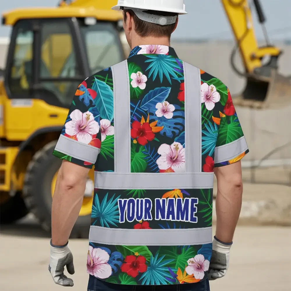 Hi Vis Hawaiian Shirt Reflective Tapes Neon Pink Flowers Custom Name