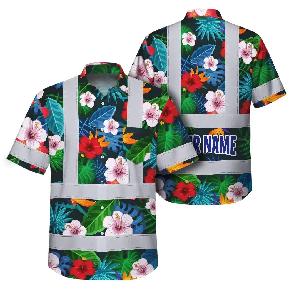 Hi Vis Hawaiian Shirt Reflective Tapes Neon Pink Flowers Custom Name