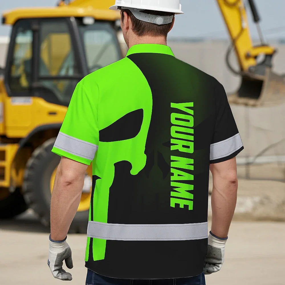 Hi Vis Hawaiian Shirt Reflective Tapes Operator Skull With Shadow Forklift Custom