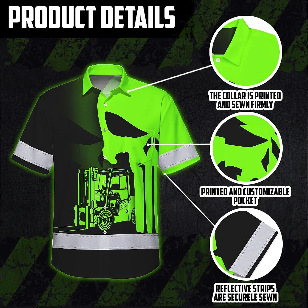 Hi Vis Hawaiian Shirt Reflective Tapes Operator Skull With Shadow Forklift Custom