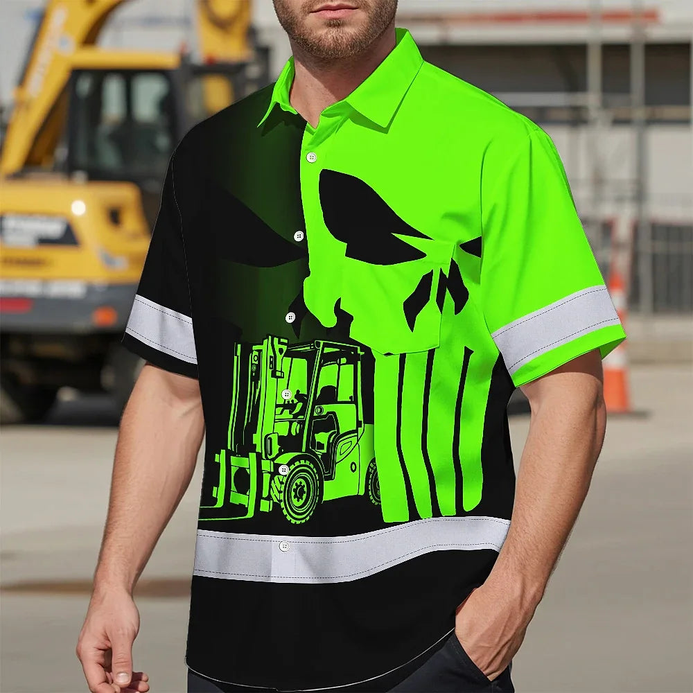 Hi Vis Hawaiian Shirt Reflective Tapes Operator Skull With Shadow Forklift Custom