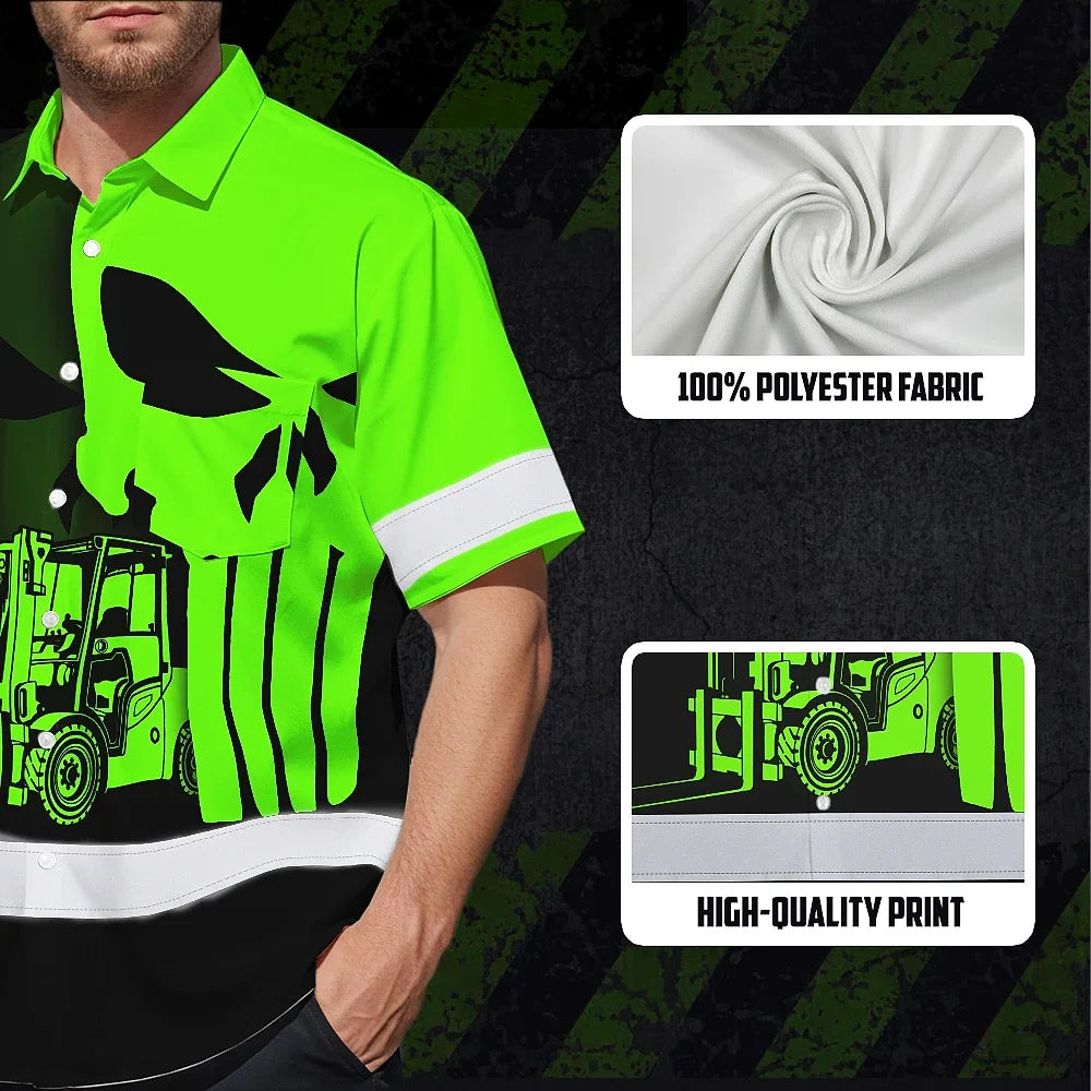 Hi Vis Hawaiian Shirt Reflective Tapes Operator Skull With Shadow Forklift Custom