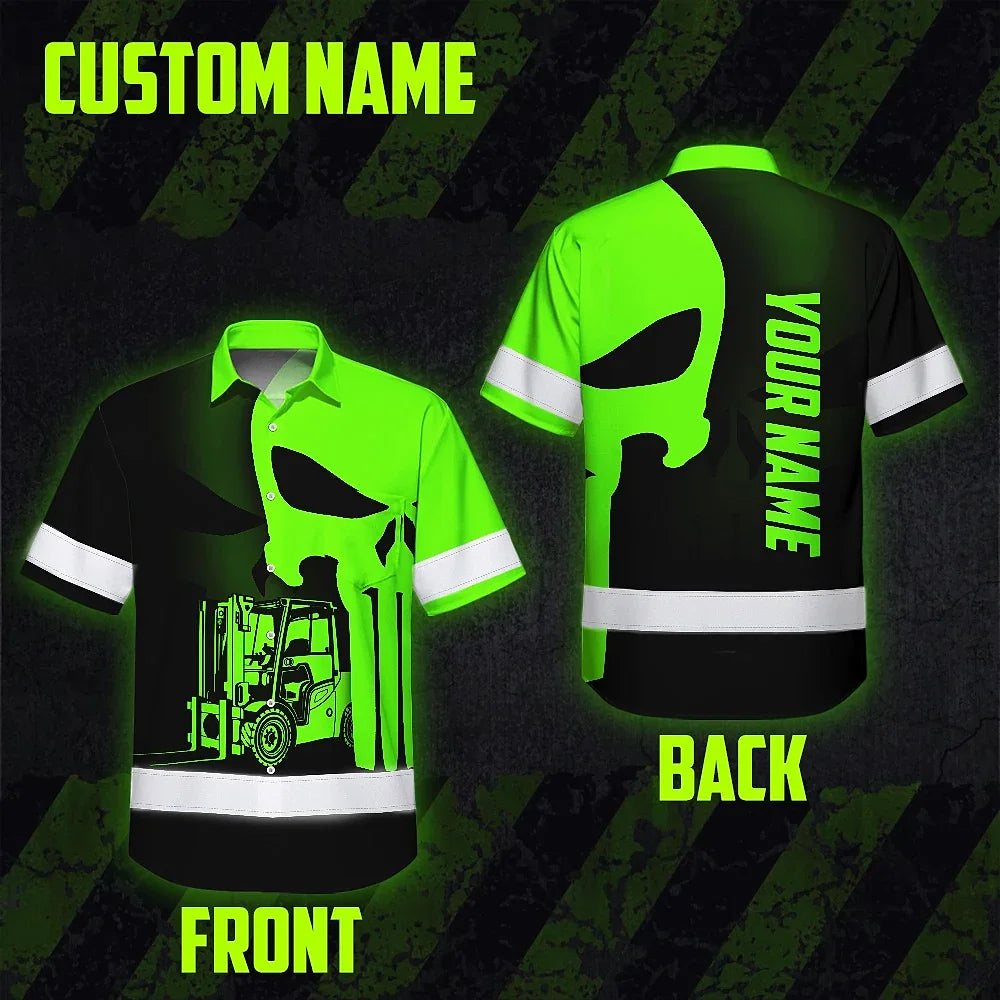 Hi Vis Hawaiian Shirt Reflective Tapes Operator Skull With Shadow Forklift Custom