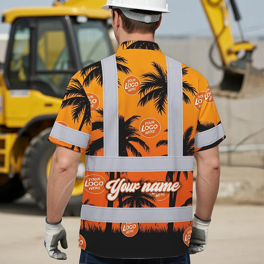 Hi Vis Hawaiian Shirt Reflective Tapes Orange And Black Flowers Custom Name And Logo Safety Workwear For Workers, Truckers, Operators, Company