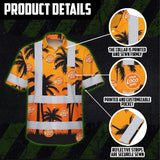 Hi Vis Hawaiian Shirt Reflective Tapes Orange And Black Flowers Custom Name And Logo Safety Workwear For Workers, Truckers, Operators, Company