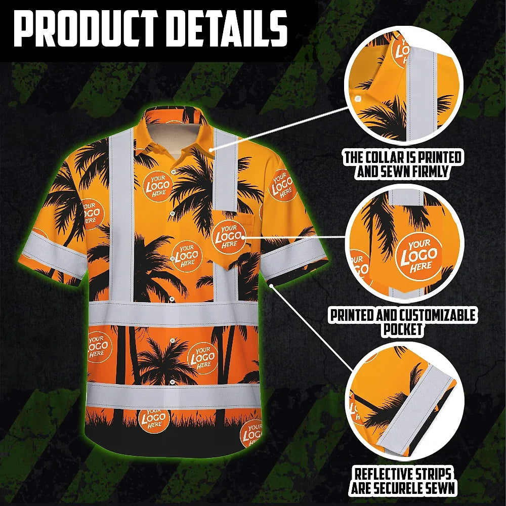 Hi Vis Hawaiian Shirt Reflective Tapes Orange And Black Flowers Custom Name And Logo Safety Workwear For Workers, Truckers, Operators, Company