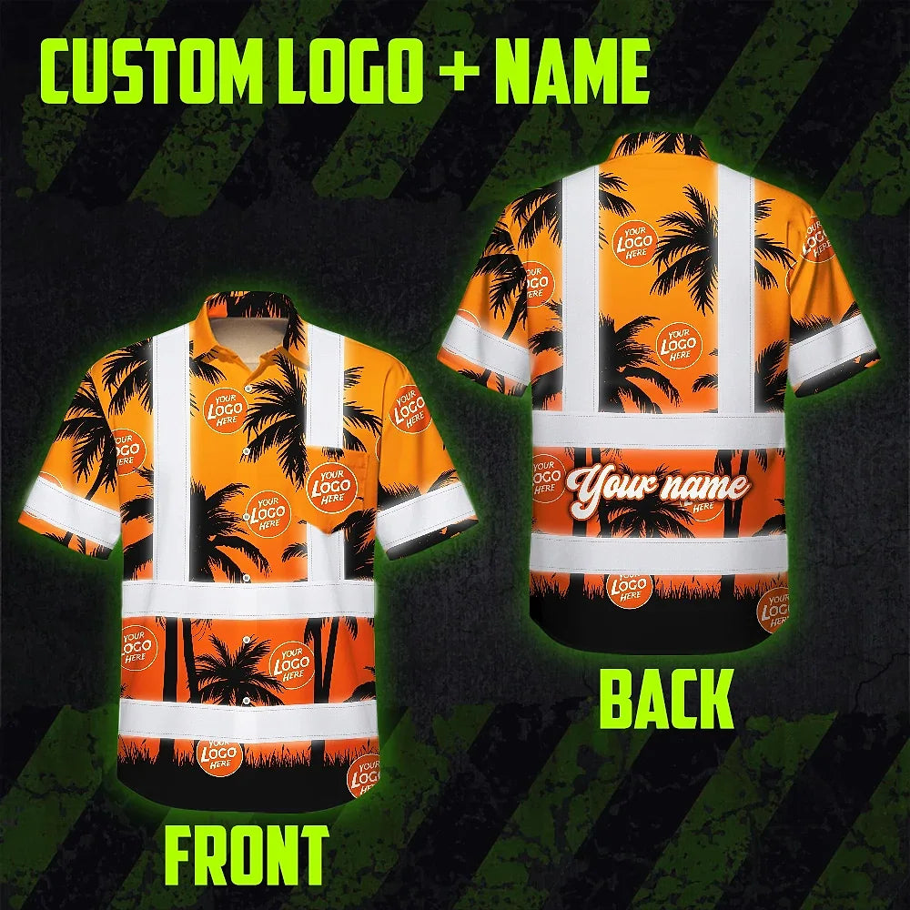 Hi Vis Hawaiian Shirt Reflective Tapes Orange And Black Flowers Custom Name And Logo Safety Workwear For Workers, Truckers, Operators, Company