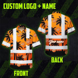 Hi Vis Hawaiian Shirt Reflective Tapes Orange And Black Flowers Custom Name And Logo Safety Workwear For Workers, Truckers, Operators, Company