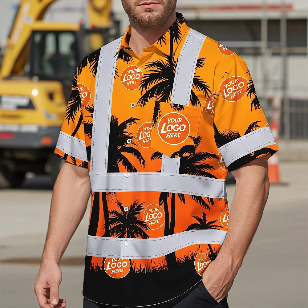 Hi Vis Hawaiian Shirt Reflective Tapes Orange And Black Flowers Custom Name And Logo Safety Workwear For Workers, Truckers, Operators, Company