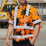 Hi Vis Hawaiian Shirt Reflective Tapes Orange And Black Flowers Custom Name And Logo Safety Workwear For Workers, Truckers, Operators, Company