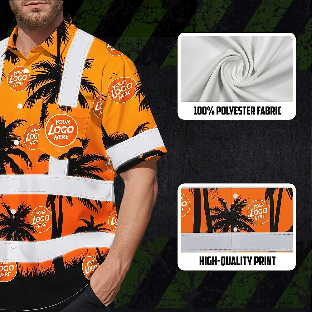 Hi Vis Hawaiian Shirt Reflective Tapes Orange And Black Flowers Custom Name And Logo Safety Workwear For Workers, Truckers, Operators, Company