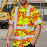 Hi Vis Hawaiian Shirt Reflective Tapes Orange And Lime Neon Frog Custom Name Safety Workwear For Workers, Truckers, Operators