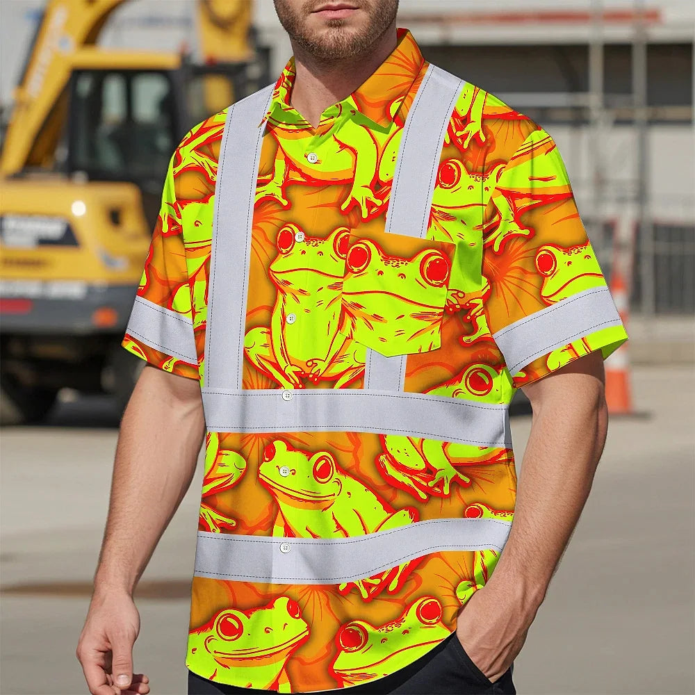 Hi Vis Hawaiian Shirt Reflective Tapes Orange And Lime Neon Frog Custom Name Safety Workwear For Workers, Truckers, Operators