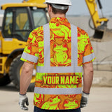 Hi Vis Hawaiian Shirt Reflective Tapes Orange And Lime Neon Frog Custom Name Safety Workwear For Workers, Truckers, Operators