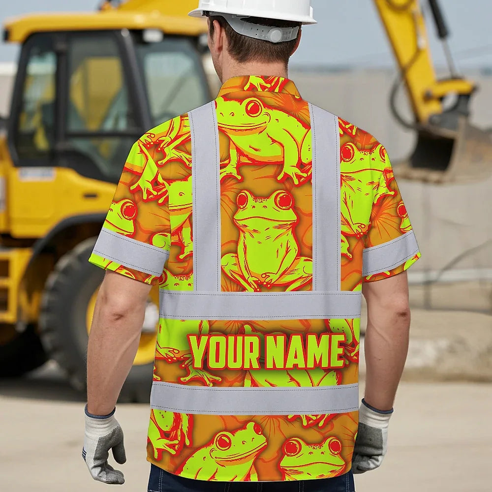 Hi Vis Hawaiian Shirt Reflective Tapes Orange And Lime Neon Frog Custom Name Safety Workwear For Workers, Truckers, Operators